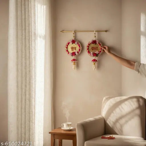 Diwali Special Handcrafted Shubh Labh Latkans Wall Hanging Item with Pearl Set | Diwali Pooja Mandir Decoration| ( Pack of 2 )