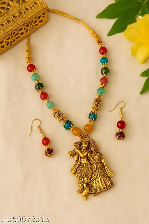 Handcrafted Devotional Jewelry Set with EarringsColorful Beaded Necklace Set with Mythological Pendant