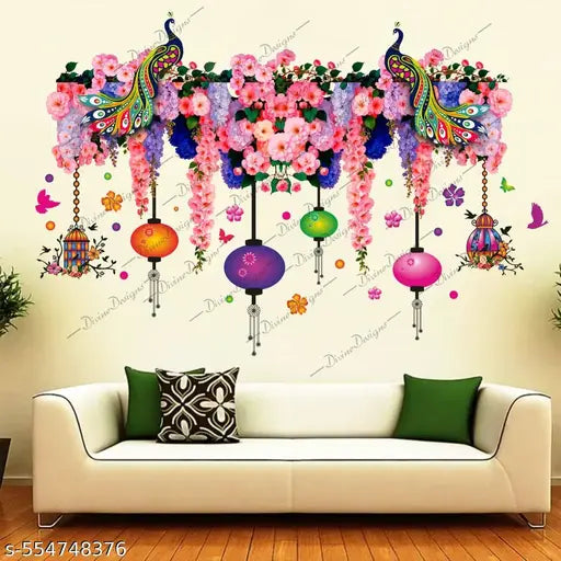 Art Kafe Colorful Peacock Pink Flowers Florals Wall Sticker