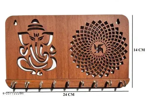 KashishCraft MDF Wooden Ganesha Key Holder for Wall | Swastik Mandala Design | 9 Hooks Key Stand | 24x14 cm | Brown Finish | Pack of 1