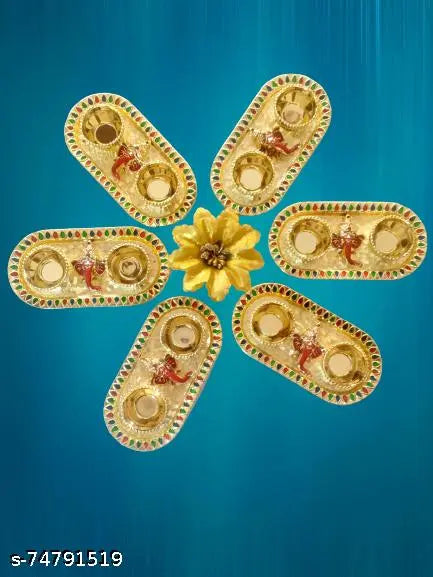Decorative Haldi Kumkum Box/ Pooja Thali Set [13 x 8 cm] [set of 6]