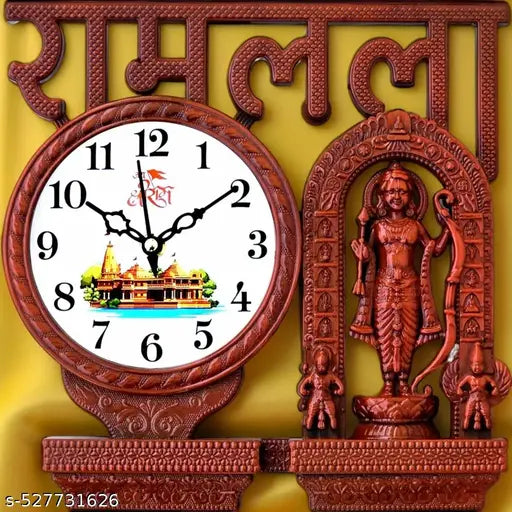 A vibrant and devotional wall clock featuring  image of Ramlala, set against a bright orange background.