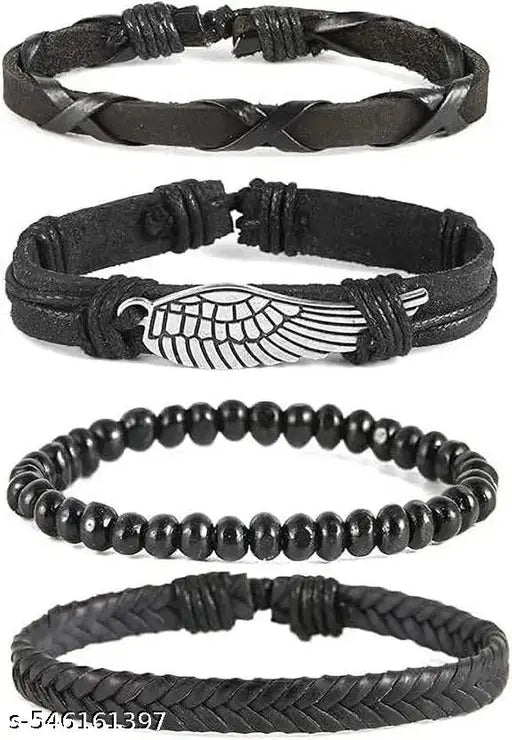 Leather Bracelet Set, 4pcs Black Genuine Braided Leather Bracelets, Tribal Woven Ethnic Wrap Infinity Bracelet for Men & Boys
