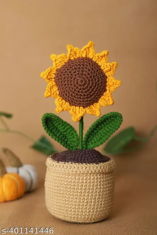 Handmade Crochet Flowers Completed Hand Woven Sunflowers Daisy Knitted Potted Plants Knitted Flower for Car Dash Decoration, Table Decoration, Home Decoration