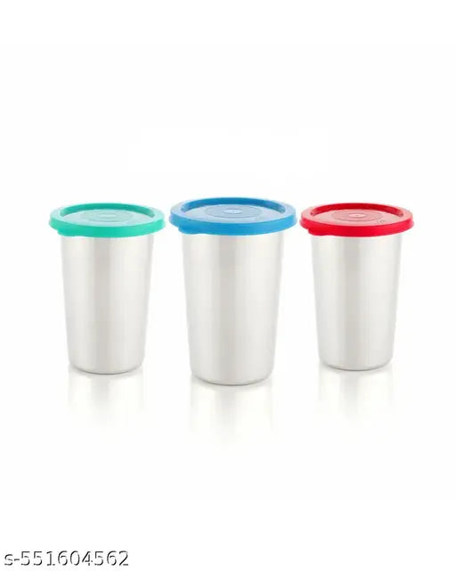 Stainless steel tumbler with lid, Air Tight Leak Proof Glass Tumblers for Office Lunch Gym Yoga Hiking Trekking Travel Home Kitchen for Water Butter Milk Chass Lassi Coffee Tea 400ml (PACK OF 3) (RED & BLUE & GREEN )