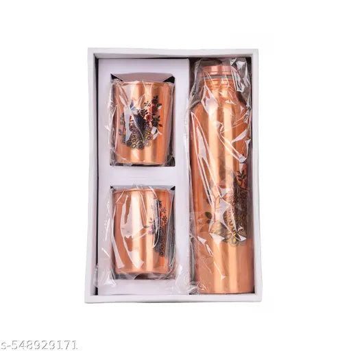 Copper Water Bottle  Gift Set of Peacock Design Bottle & 2 Glass, 1 liter  (Pack of 3, Copper, Reusable, Cold Drinks)