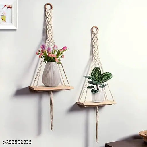 navratri decoration  and Diwali decoration  Macrame Wall Hanging Shelf Cotton Rope Natural Pine Wood Swing Triangle Floating Shelf Shelves  Modern Decor for Living Room Office Festive Toran Bedroom (Pack OF 2, WHITE)