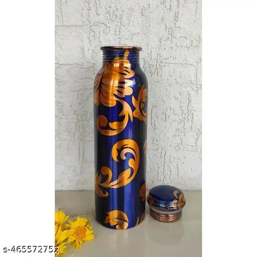 BLUE PRINTED COPPER BOTTLE,  PRINTED WATER BOTTLE, WATER BOTTLE , PURE COPPER BOTTLE, JOINTLESS COPPER BOTTLE 950 ML