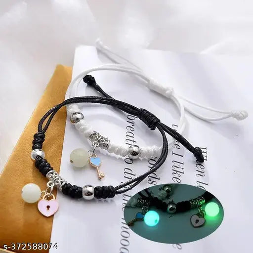 2 PCS Handmade Matching Couples Bead Heart Charm Bracelets Adjustable String for Women Men Mother Daughter Best Friends