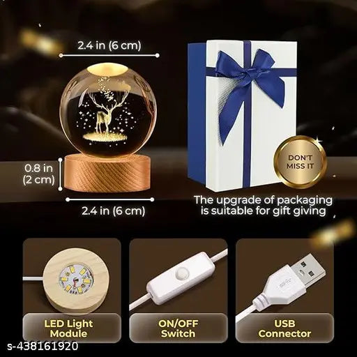 GEETA TRADERS  3D Crystal Ball Night Lamp, Led Glass Ball Light with Wooden Base, Decorative Night Light for Home, Office, Bithday Gift for Adults, Boys, Girls (Pack of 1) (Deer Lamp)1