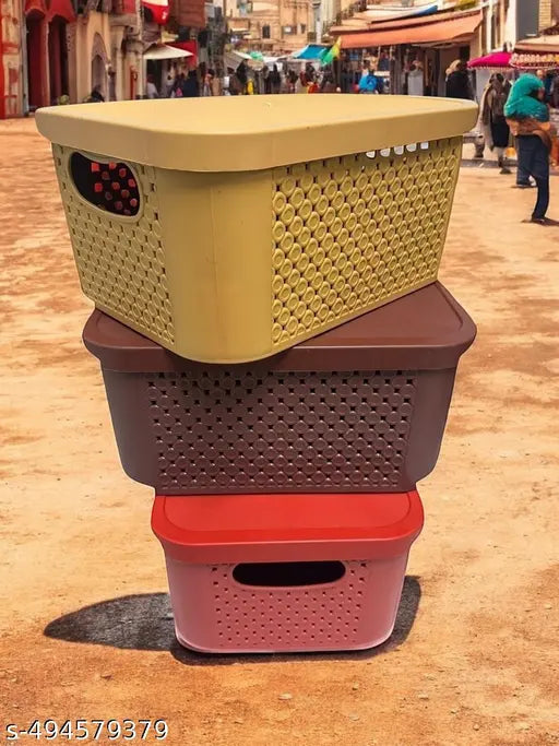 Royal Basket With lids-Large (Pack of 3 with 3 lids) Multipurpose Plastic Storage Rectangular Shape Baskets For Wardrobe/Home/Kitchen