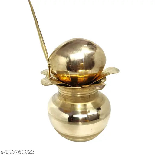 Glossy Mangal Kalash with Brass Nariyal and Mango Leafs,Brass mangal kalash for vastu, vastu brass kalash, kalasha for new house pooja, Mangal Kalash for Pooja Ghar,Home Decor,Diwali Pooja, Wedding Cerimony Brass Kalash (pack of 1) (Gold)
