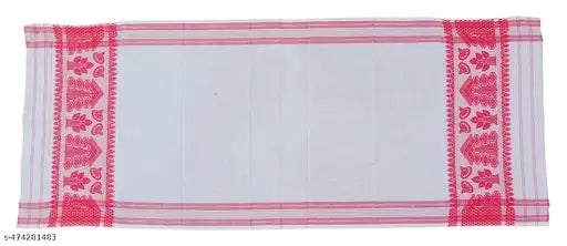 Polycotton Tribal Assamese Gamcha Red and White Flower Design Gamosa, Gamusa, Gamucha (Pack of 1)