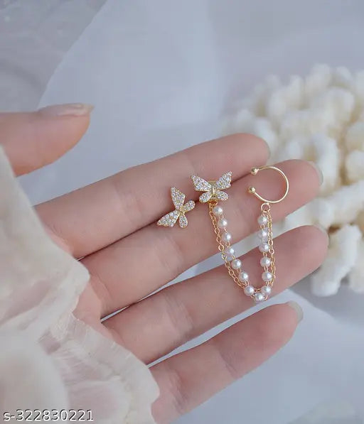 TheVineGirl Korean Pearl Chain Ear Cuff Butterfly Stud Earrings For Women/Girls