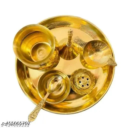 ELITETOUCH  Pooja Thali Set for daily worship | Full Puja Thali set with Pital Plate Kalash Dhup Dan Laxmi Diya Ghanti Catori Chamach (spoon) for laddu gopal bhog thali set, pooja Arti Thali for Diwali pooja Home Office Mandir - 17 CM Plate
