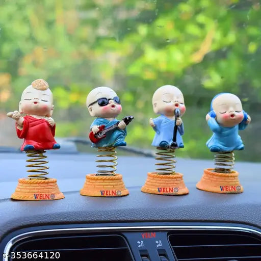 Welno International Handmade Ceramic Singing Monk Buddha with Shaking Head Spring Showpiece for Car Dashboard (Spring Singing Monk)