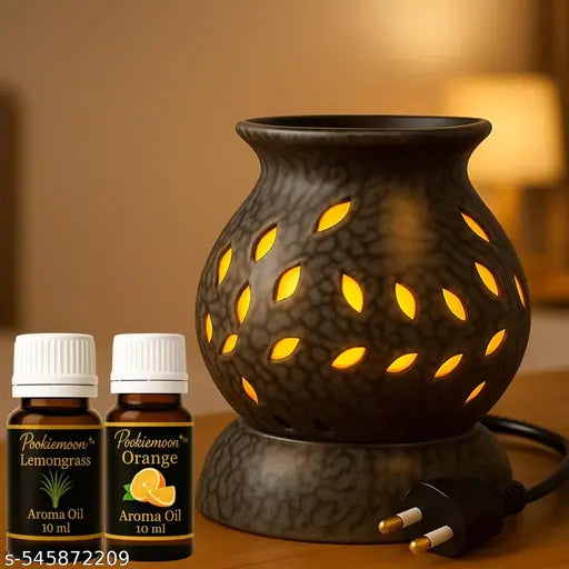 Pookiemoon, lamp Shape Aroma Diffuser for Home Fragrance| Handcrafted Ceramic Aroma Oil Warmer Electric Aroma Diffuser Oil Burner for Room Fragrance| Aroma Oil Diffuser for Home with Aroma Oils| Aroma Burner for Aromatherapy| Home Decor| Black Color Set o