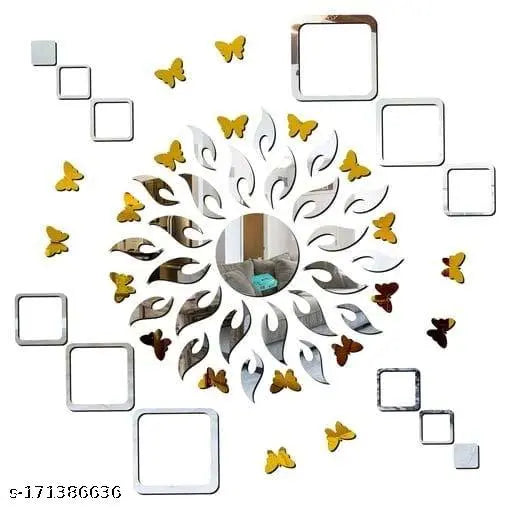 HOME DECORED Silver Sun Flame 12 Square Silver With 20 Butterfly Golden 3D Acrylic Mirror Wall Sticker Decoration for Kids Room/Living Room/Bedroom/Office/Home Wall.