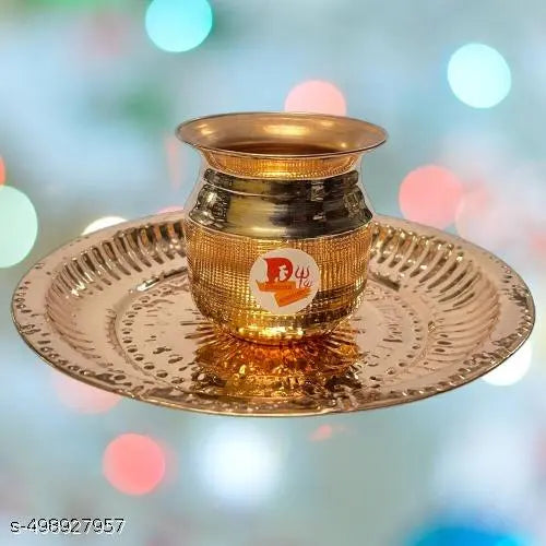 ELITETOUCH Brass Pooja Plate Thali with copper kalash lota  (Gold , copper ) 6inch om plate fir pooja samagri Small Kalash for Puja