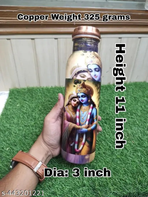 Pure Copper "Radha Krishna Meena multicololr Printed Premium Jointless Copper Bottle - 1000 ml | Handcrafted Elegance for Health and Style" SIZE : 10 X 3 INCHES