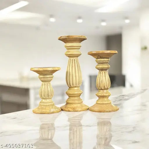 A piece of wood Decorative Wooden Pillar Candle Stand, Set of 3 – Hand Crafted Wood Candle Holders for Living Room, Table Centerpiece, Mango Wood Medium Polish Finish (SIZE1(10', 8', 6'))