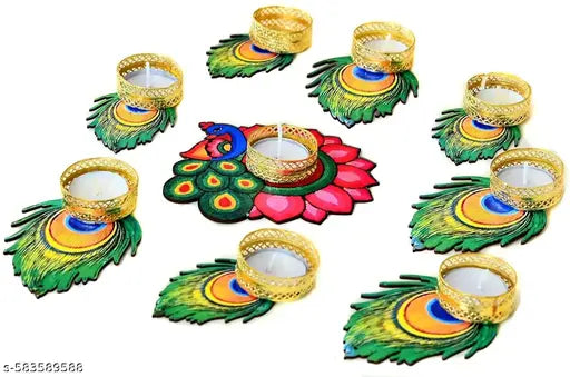 Peacock Tealight Candle Holder Set of 9 - Mor Pankh Design Diwali Decoration Items for Home Decor