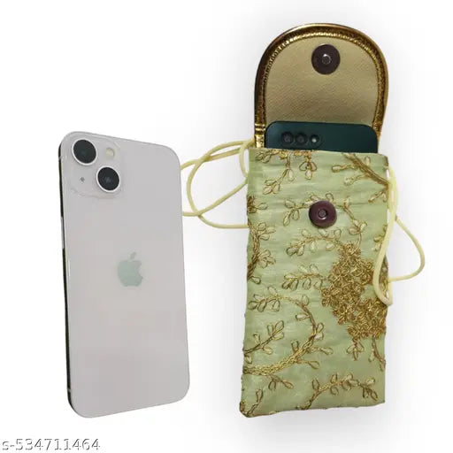 Sumera warq Embroidered Mobile Phone Pouch Cover, Mint Green with Gold Floral Design, Women's Accessory