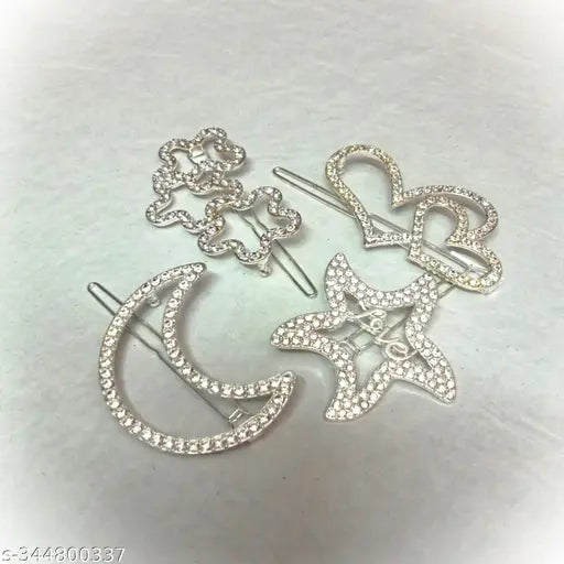 MYSTEVVA Korean Fashion Style Pearl Rhinestone Zarkan work Metal Hair Clips Hair Pin Stylish Hair Accessories Jewellery For Women's And Girls (Pack Of 4), SILVER