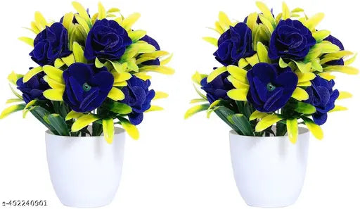 NERAPI 2 Pcs Attractive Design Rose Flower Plant for Home/Office Decoration | | Blue Rose Flower | Artificial Flower with Pot  (7 inch, Pack of 2)