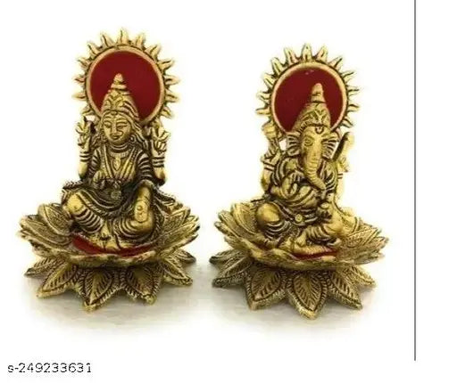 PAYSTORE Lotus Sitting Lord Lakshmi/Ganesha Laxmi/Ganesh Golden Metal Statue Antique Finish Murti Idol for Temple Puja Pooja Room Home Decor