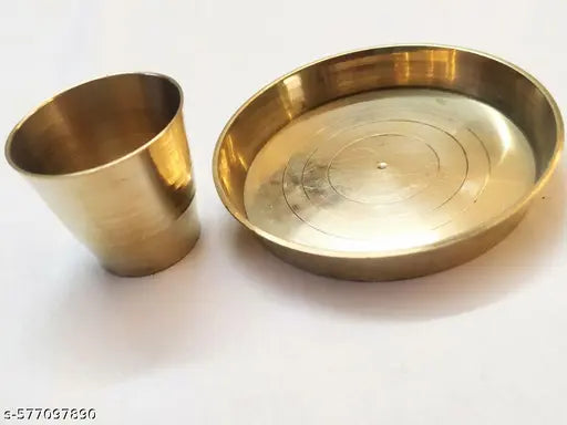 Leepax Brass Pooja Thali and glass Set | Brass Pooja Traditional Bhog Arti Design Thali & Glass /Bhog Bartan/Prasad Bartan Small Utensils Set of 2 Pcs Plate and Glass Ideal for Home, Office, and Temple