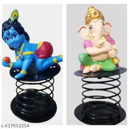Indiacraft Lord Makhanchor Krishna and Basuri Ganesha Fun Spring Idol for car dashboard and office desk Study table