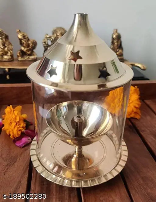 Diya with Borosilicate Glass Diya Decorative Brass & Glass Oil Lamp Tea Light Holder Lantern, Cylinderical Borosilicate Glass Glass Gold Akhand Diya Big Oil Puja Lamp Akhand Diya Decorative Brass & Glass Oil Lamp Tea Light Holder Lantern, Glass Cylinderic