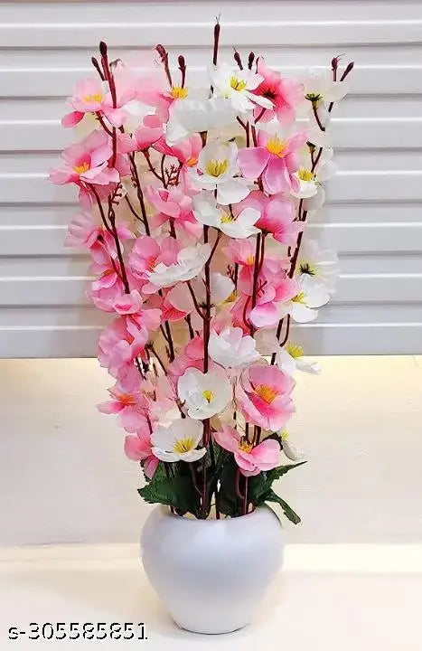 Artificial Flowers for Decoration with Pot, Home Decor, Office Decor, Cherry Blossom Combo, Light Pink White, 1Piece