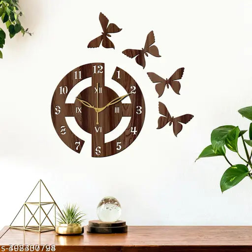 Vacesa Decor Wall Clock-100 Wenge 25x25cm Wall Clocks for Home | Wall Clock for Living Room Bedroom | Designer Wooden Butterflies Clocks for Home Wall Decor