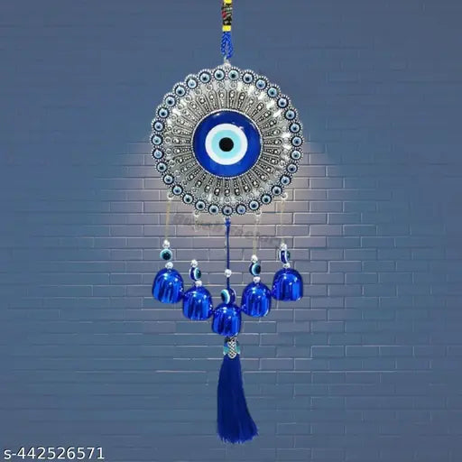 PAYSTORE 5 Bells Evil Eye Wind Chime Charm for Good Luck Positive Vibes and Prosperity at Home/Office/Work Place Nazar Battu Lucky Hanging Home Décor (Silver and Blue)