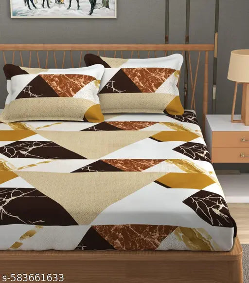 Geometric Pattern Double Bed Sheet || Contemporary Design Double Bed Sheet with Pillow Covers || Stylish Printed Fitted Sheet for Double Bed || Trendy Double Bed Sheet with Pillow Covers ||