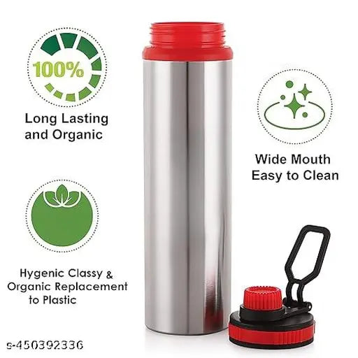 PIQUANT KITCHENWARE Eco Sipper Stainless Steel Single Wall Water Bottle with Screw Cap/Fridge Refrigerator Bottle/ 100% Leak Proof/Office Bottle/School Bottle, 900ml Pack of 2