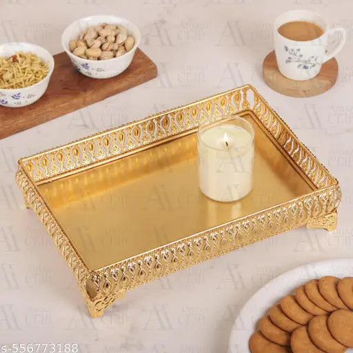 AMAZE CRAFT IMPEX | Rectangular Gold Plating Finish Tray For Your Home And Office / Dinning Table / Coffee Table / Accent Table / Bed Side Table And Hotel Table And Cafe Table Top Tray And For Your Guest Return Gift