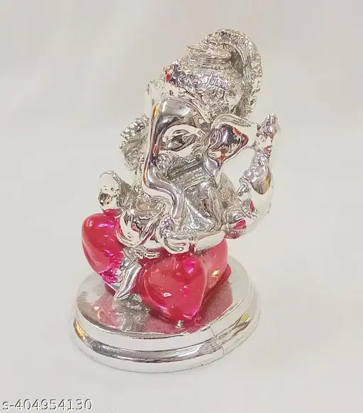 Silver Plated Finish Resin Ganesha with Red Dhoti Ganesh Idol Car Dashboard, Home Decor & Pooja Room - Hindu Ganesha Statue India Ganpati Lord Murti Mandir Diwali Gifts Silver color for house warming ceremony, office, gifts for girlfriend, boyfriend, frie