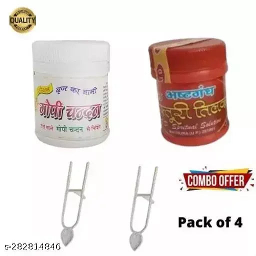 Tilak Mold/Tilok Kathi (U Shape) Tilak/Tika Stamp &Kastoori Tilak Astgandh lal Powder Teeka and White Gopi Chandan for Pooja Pack of 4