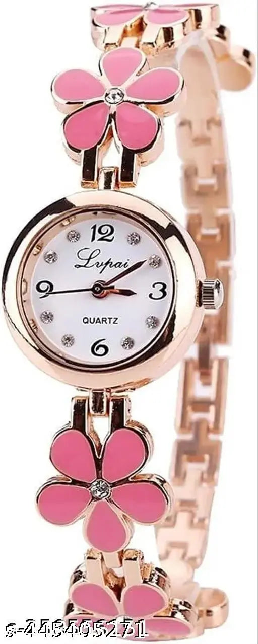 Flower Combo Wrist White Dial Pink Strap Analog Watch for Girls Pack of 3