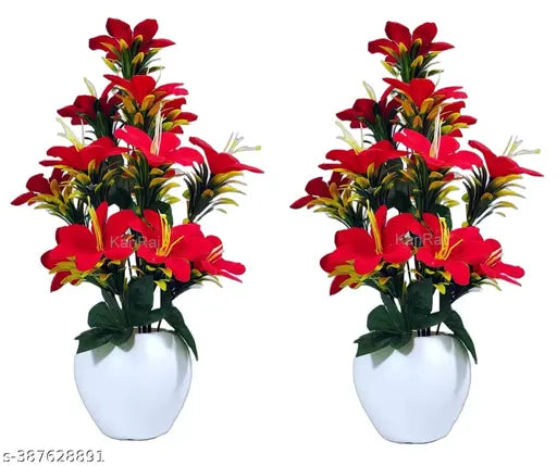 KanRaj ® Premium Quality Lily Artificial Flowers with apple pot for Gifting, Home Decor,Bedroom, Balcony, Living Room, Restaurant, Valentine's Day Decoration (Red, Pack of 2)