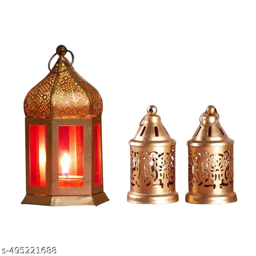 Moroccan Gold, Orange Color Metal Iron Lantern Diwali Diya Light Tea Light Holder combo pack