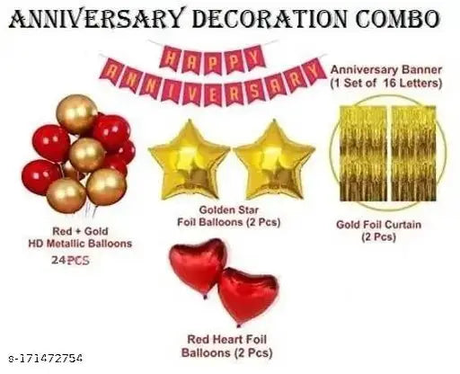 PARTY GLITERS 24 Pcs Red Golden balloon Wedding Anniversary Decoration Combo for Home/Room, Red Heart, Golden Star & Metallic Balloons Banner Curtains for Wife Husband Adults Couple Parents