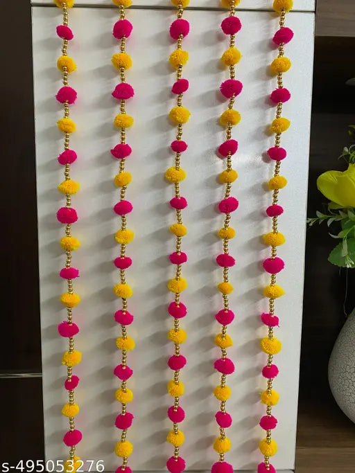 Magpie Collections Handmade Orange White Strings Pom Pom for Door,Wall Hanging Bandhanwar Toran, Garland for Decoration Diwali Festival,Navratri,Wedding (4 FT, 5 Strings)