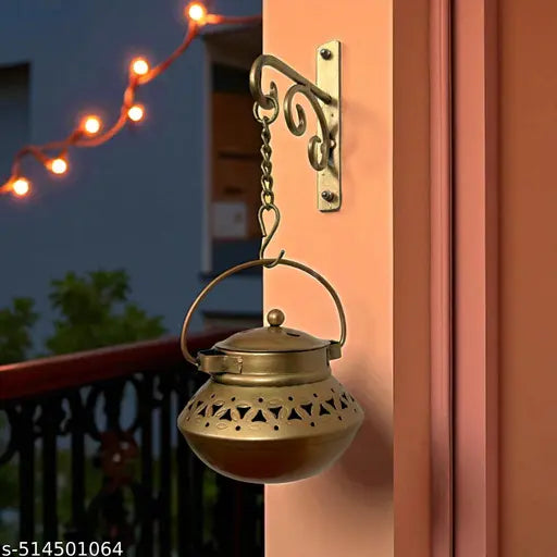 Handcrafted Hanging T-Light Holder/ Dhoop Dani with Wall Bracket | Vintage Dhoop Degchi and Lantern | Metal Wall Mount | 4.5 Inch