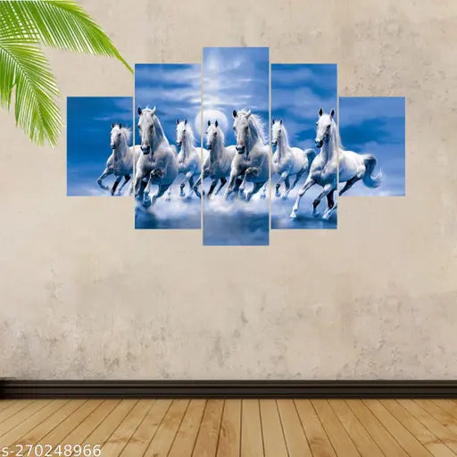 WALLMANTRA Set Of 5  Seven Horse Large   Wall Painting For living Room Home Decor Gift Item ETC.  75 cm x 43 cm
