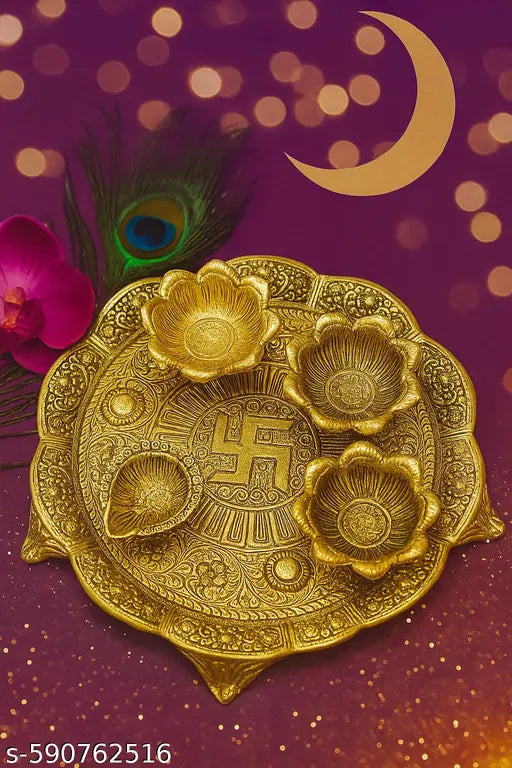 Pooja Thali with 4 Diyas Swastik Engraved Designer | Aarti Plate for Puja & Festivals