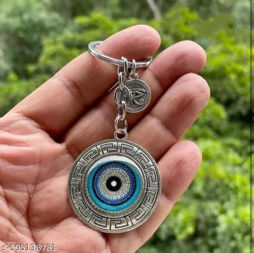 Blue and Silver Round Evil Eye Keychain for Bike/Car, Anti-Rust with Key Ring, Protective Symbol for Good Luck, Ideal for Gifting, Durable and Stylish